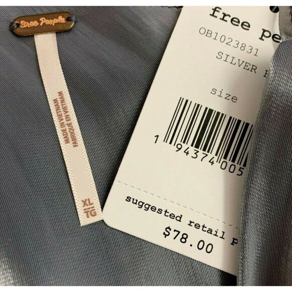 Free People XL Silver Metallic Shimmer Satin Lined Draped One Shoulder Blouse - Picture 7 of 7